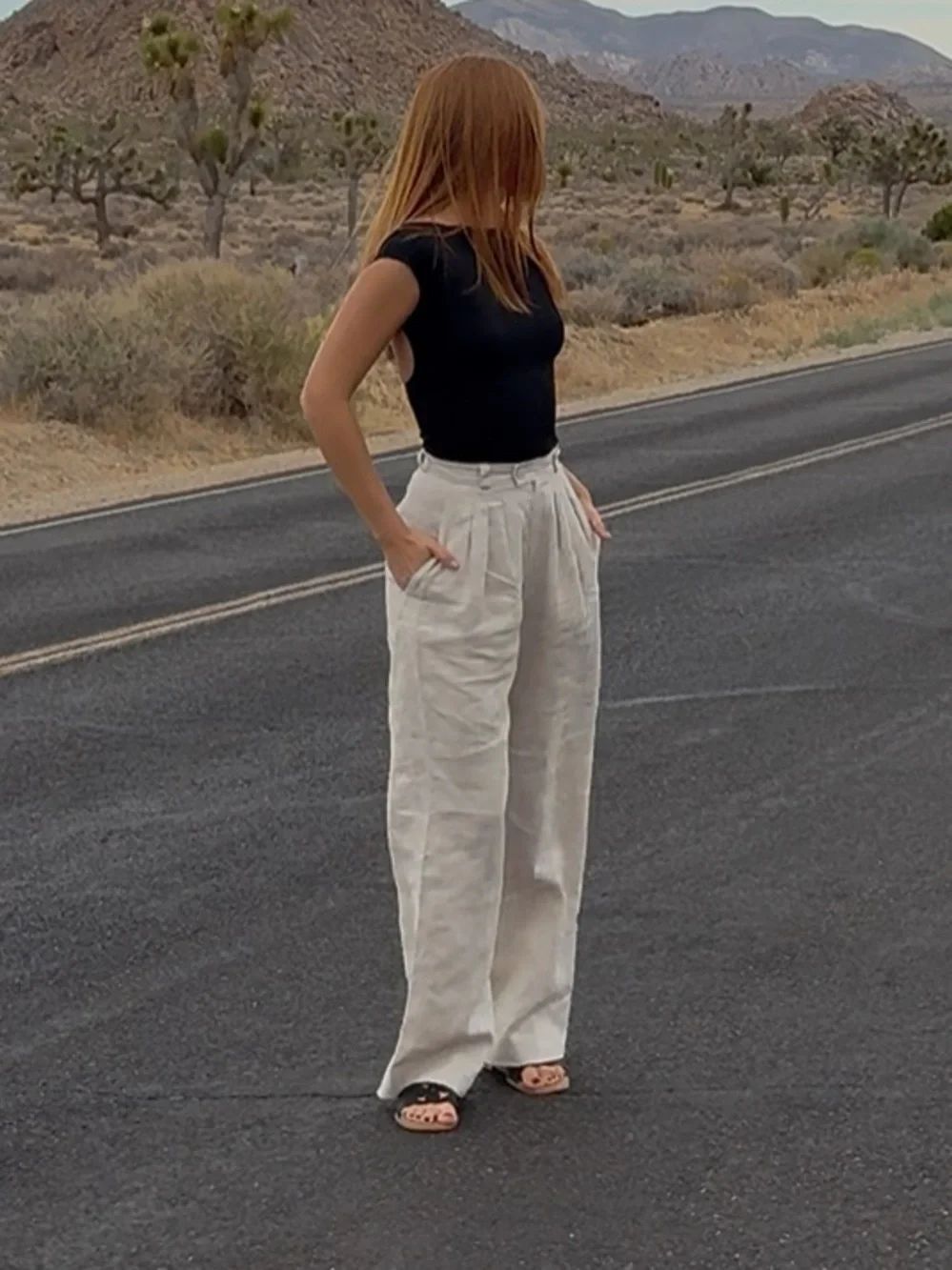 Posse Beige Wide Leg Trousers Linen Pants Size XS